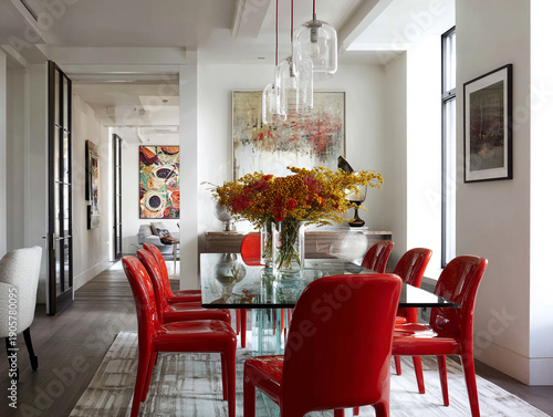 A bright, minimalist dining space featuring vibrant red velvet chairs, a sleek glass-top table, a striking chandelier, and clean white walls with contemporary abstract art.