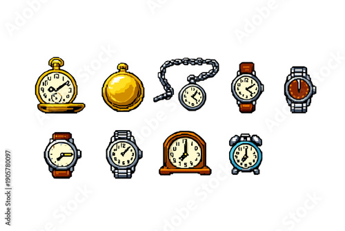 Time and clock icon set. Containing wristwatch, wall clock, alarm, hourglass, stopwatch, calendar, minute, second, timer, and more.