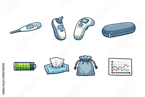 Health and medical icons set. Featuring thermometer, otoscope, battery, tissues, bag, and graph.