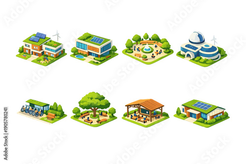 Sustainable Living Icons Set: Featuring Solar, Eco-friendly, Green Architecture, Renewable Energy, Community Spaces, Gardens, and More
