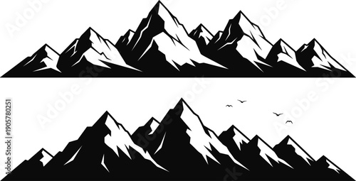 Set of majestic mountain range silhouettes with snowy peaks and flying birds for outdoor adventure travel hiking camping and nature landscape vector illustration background
