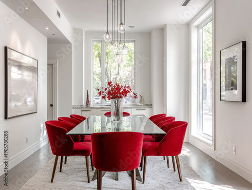 A bright, minimalist dining space featuring vibrant red velvet chairs, a sleek glass-top table, a striking chandelier, and clean white walls with contemporary abstract art.