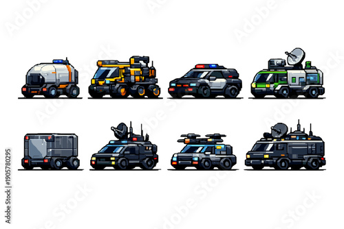 Vehicle and transport icon set. Containing cars, trucks, buses, emergency, police, delivery, off-road, utility and more.