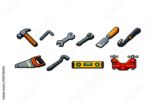 Tools and Equipment Icon Set. Containing hammer, wrench, screwdriver, saw, level, pliers, vice, hex key, spatula, and more.