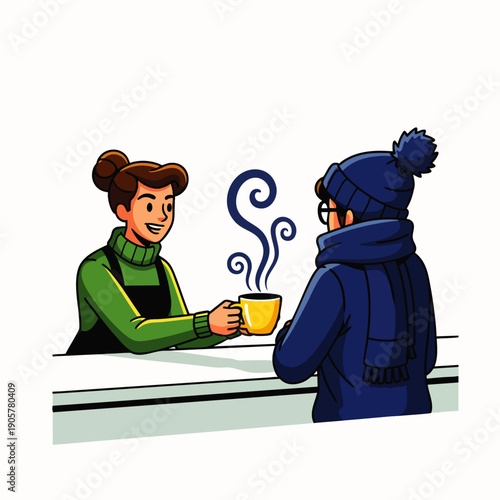 Friendly female barista serves a comforting hot beverage, like coffee or tea, to a customer bundled in warm winter clothing, ideal for cold weather comfort.