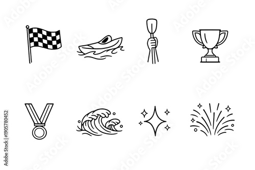 Sport and achievement icon set. Featuring trophy, medal, paddle, flag, waves, fireworks, and stars.