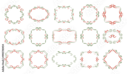 Vintage pastel decorative frame and wreath doodle set