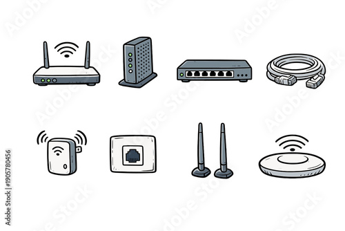 Networking and Connectivity Icon Set: Router, Switch, Ethernet, Cable, Modem, Booster, Signal, Access Point