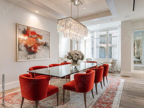 A bright, minimalist dining space featuring vibrant red velvet chairs, a sleek glass-top table, a striking chandelier, and clean white walls with contemporary abstract art.
