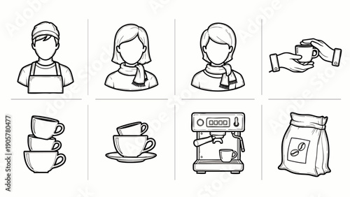 Coffee shop and cafe minimalist line art icons. Includes barista, customers, espresso machine, various cups, and coffee beans. Perfect for web and app design.