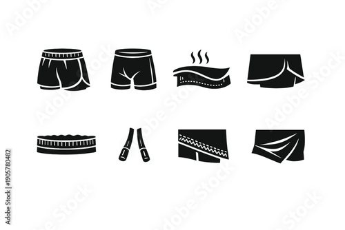 Clothing and fashion icons set. Including shorts, trousers, skirts, belts, undergarments, and accessories.