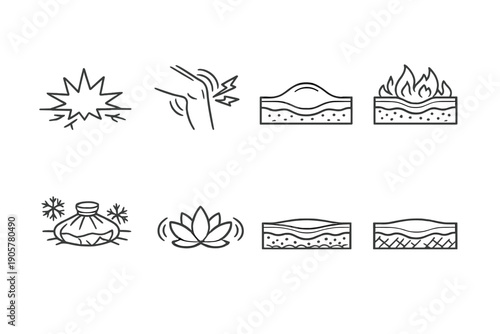 Health and wellness icon set. Featuring inflammation, pain, freeze, heat, water, lotus, and more.