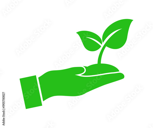 Simple icon of a hand holding sprouting leaves. Environment, sustainability, nature, green symbol vector design and illustration.
