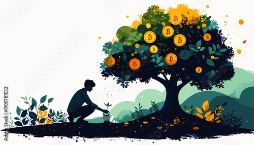 Man planting a seedling under a Bitcoin tree, symbolizing growth of cryptocurrency and financial investment