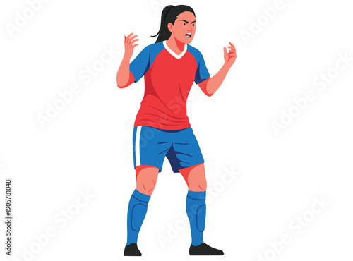 furious female soccer player in a red and blue uniform, shouting with clenched teeth and raised hands, expressing intense anger or competitive frustration.