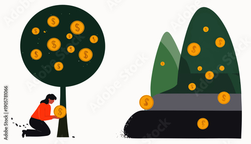 Person collecting money coins from a tree and a bush illustrating financial growth and investment concept