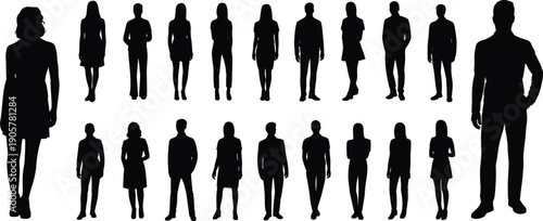 Silhouette diverse people group standing upright poses, corporate attire teamwork collaboration leadership office workplace illustration concept flat vector design stock