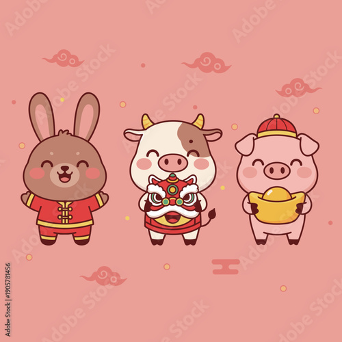 Chinese New Year celebration characters with rabbit, cow, and pig wearing traditional costumes holding lion dance mask and gold ingot symbols.