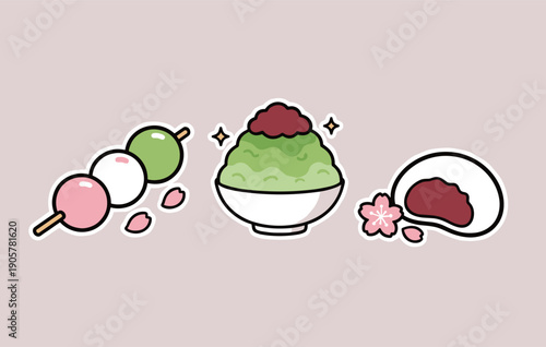 Traditional Japanese sweets icons featuring dango skewers, matcha shaved ice with red bean, and mochi with sakura blossom for dessert menu design.