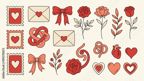 Vintage Valentine ephemera set with roses envelopes and heart knots