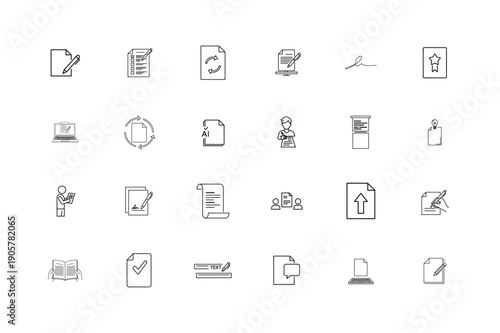 Copywriting and content creation line icon set with writing, editing and document symbols.