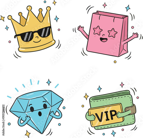 Luxury VIP loyalty program rewards concept characters with cool crown, happy shopping bag, surprised diamond and golden membership card in wallet.