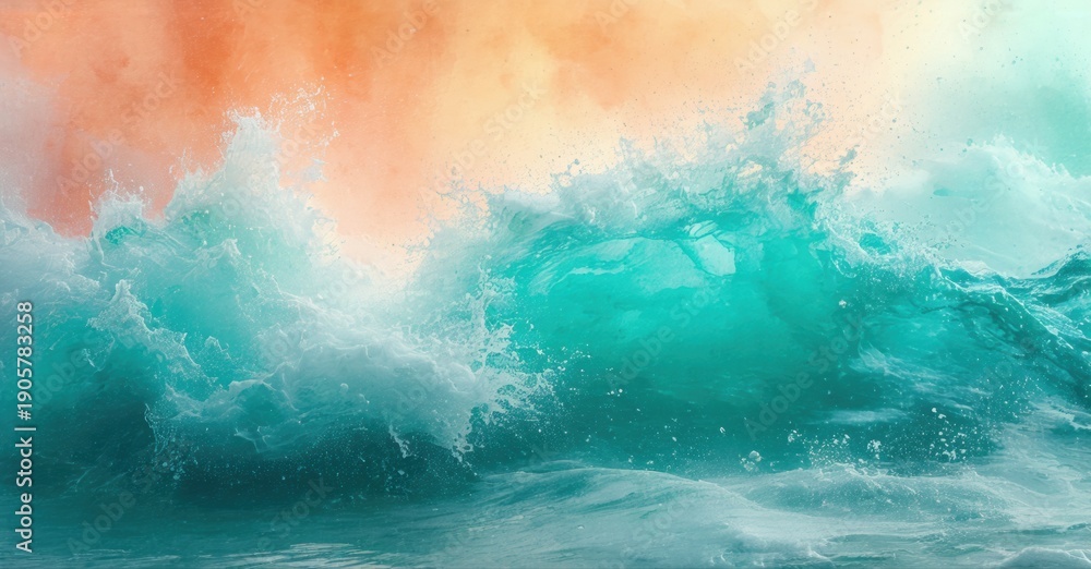 Fototapeta premium Ocean waves crash, turquoise water splashes against peach sky. Dramatic scene evokes power, beauty, natures force.