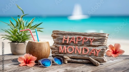 A wooden table with a 'HAPPY MONDAY' sign, sunglasses, coconut drink, and flowers on a serene beach with a blurred background view