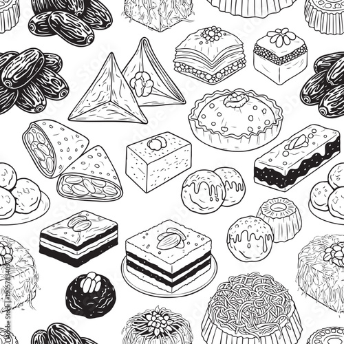 Delicious assortment of sweet treats and desserts in black and white