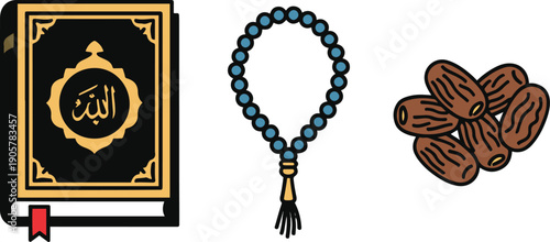 Islamic symbols including Quran, prayer beads, and dates for Ramadan