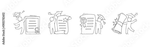Students with graduation certificate, diploma, education document. Vector hand drawn illustration of doodle man, tuition certificat. Doodle set for study in college or university