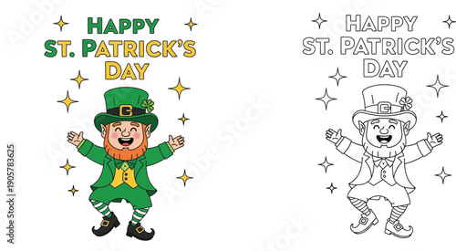 Happy St. Patrick's Day leprechaun dancing character vector. Cute Irish elf with text and stars. Coloring page black and white outline included.
