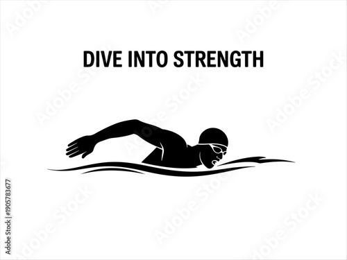 Silhouette of swimmer man in freestyle stroke, goggles and cap, dynamic water motion