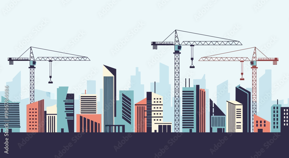 Obraz premium City Skyline Under Construction with Cranes and Modern Buildings.