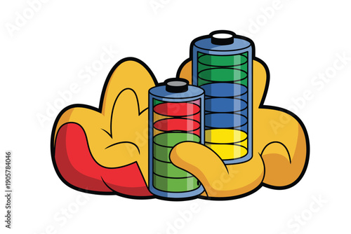 Battery colorful cartoon character holding power sources illustration
