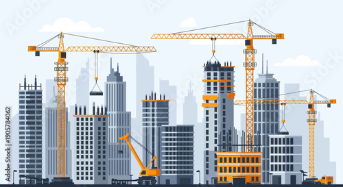 City Skyline Construction Skyscrapers and Cranes in Urban Development.
