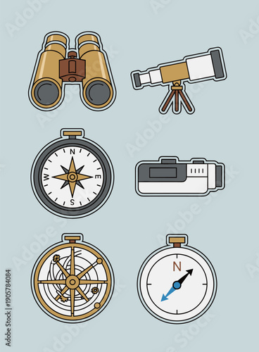 Collection of Scientific and Navigational Equipment Icons Including Binoculars Telescope Compass and Astrolabe in Linear Flat Vector Style