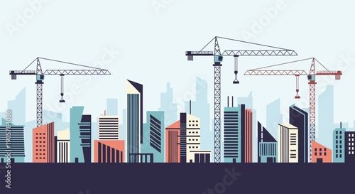 City Skyline Under Construction with Cranes and Modern Buildings.