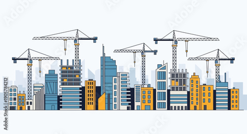 Cityscape Under Construction A Modern Skyline with Cranes and Buildings.