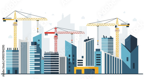 Cityscape Under Construction Modern Buildings and Tower Cranes.
