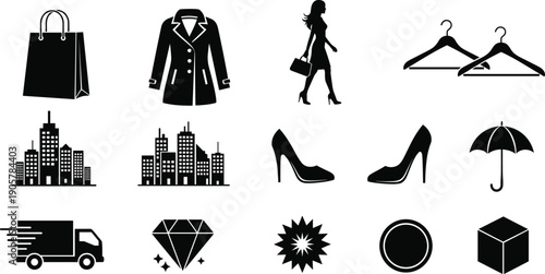 Fashion and lifestyle icons set featuring shopping bag, clothing, woman silhouette, shoes, city buildings, accessories symbols isolated white background
