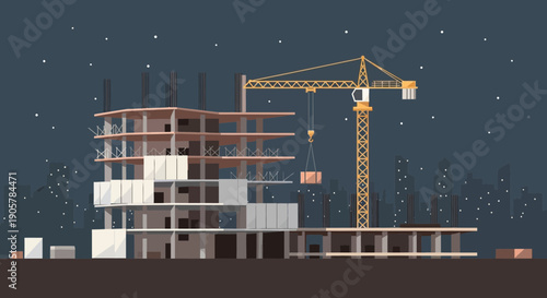 Construction Site at Night Building Under Construction with Crane.