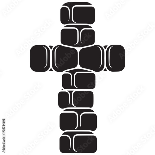 Modern stone sculpture of a cross on white background