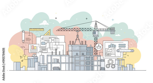 Construction Site Illustration A Detailed View of Urban Development and Infrastructure.