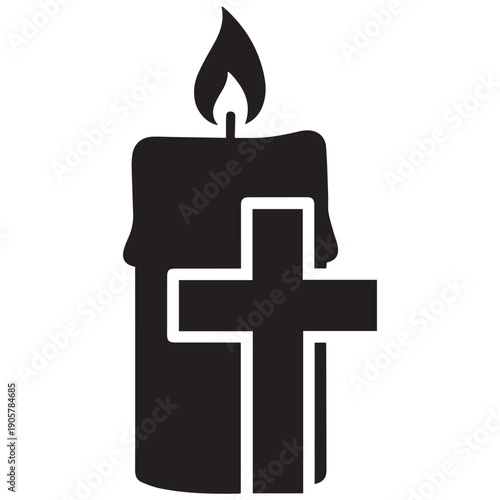 Simple black candle with cross symbol on white background for memorial or religious use