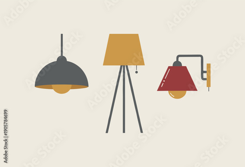 Modern interior lighting lamps set with ceiling pendant floor tripod and wall light vector illustration isolated on beige background for home decor