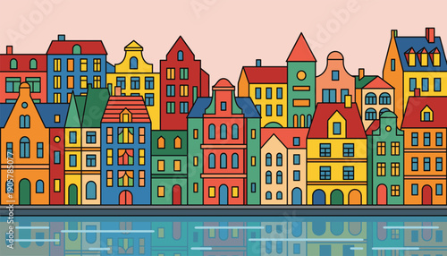 Colorful European houses facade vector illustration in flat design style