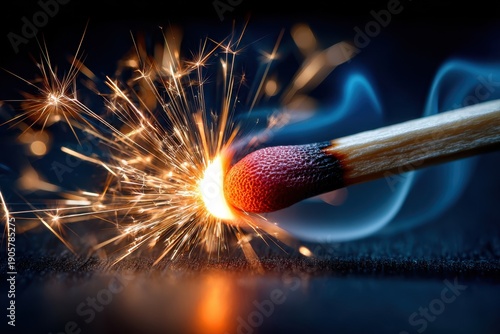 Striking match creates sparks, illuminating dark background in close-up view