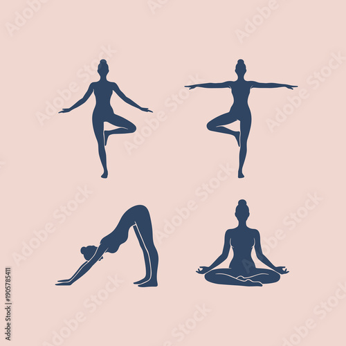 Silhouette of female figures practicing various yoga poses including tree pose downward dog and meditation on a light pink background vector