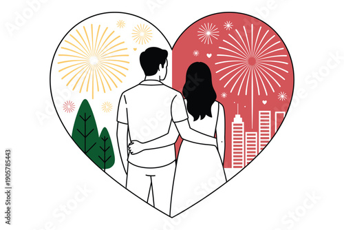 Heart illustration of couple watching fireworks in city at night